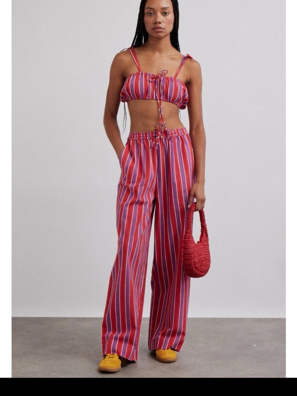 Striped Red Wide-Leg Drawstring Trousers
